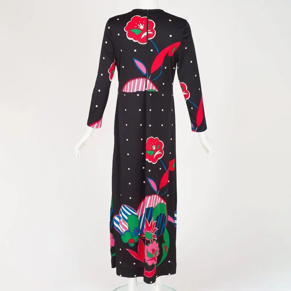 Via Appia 1970s Vintage Italian Pop Art Print Black Jersey Maxi Dress - Picture 4 of 8